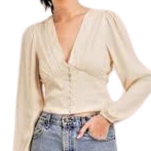 RESET Cream Sheer Smocked Waist Blouse JT1022P Button Front Size M